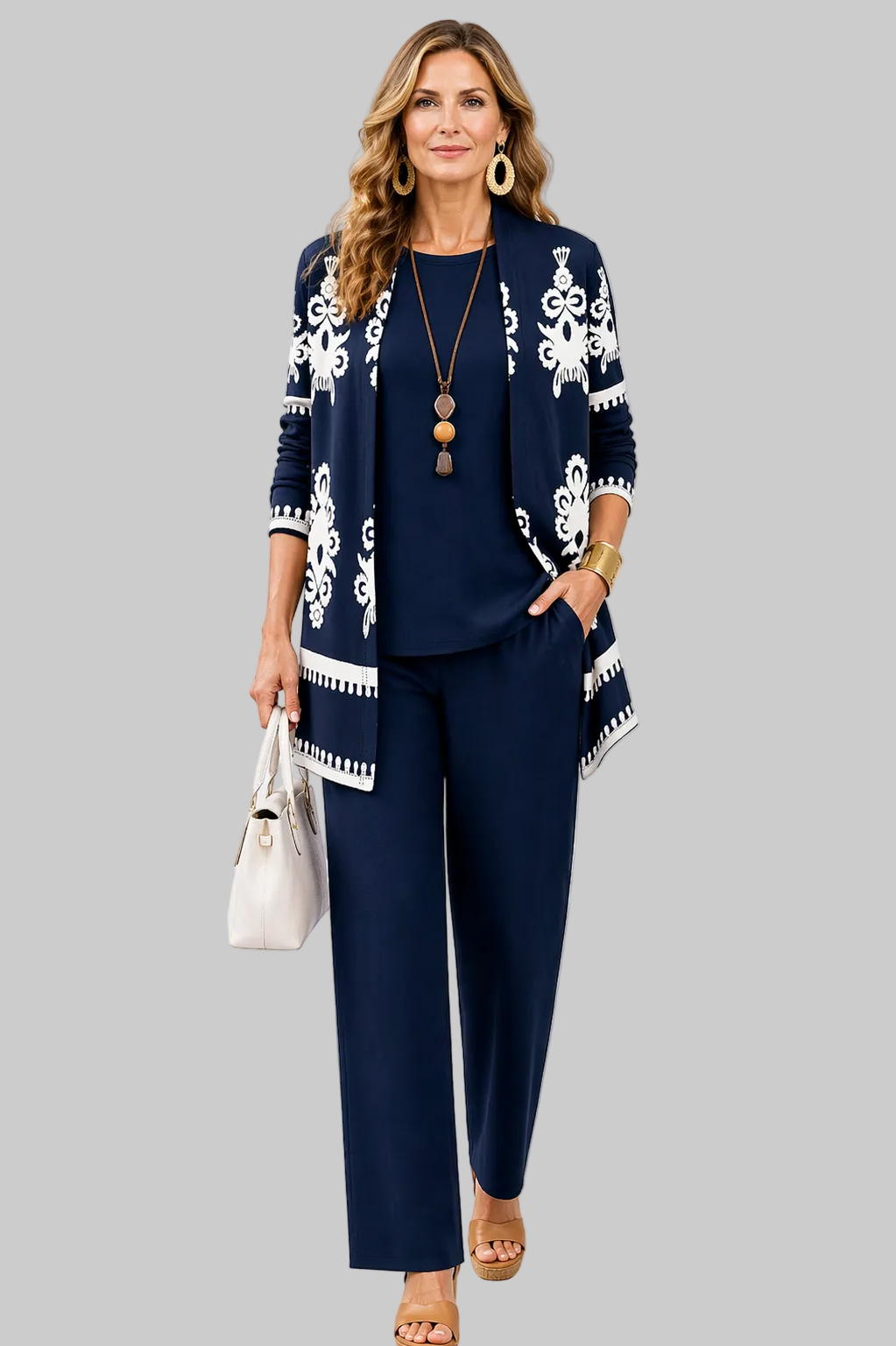 Women's 3-Piece Geometric Print Co-ord Set with Cardigan, Top and Trousers