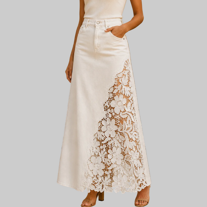 Women's High-Rise Denim Maxi Skirt with Floral Lace Panel