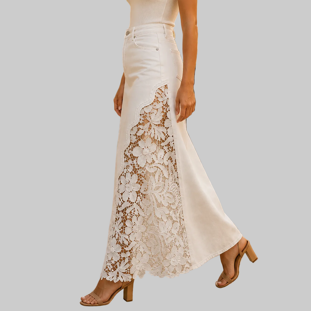 Women's High-Rise Denim Maxi Skirt with Floral Lace Panel