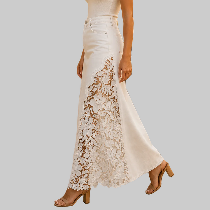 Women's High-Rise Denim Maxi Skirt with Floral Lace Panel