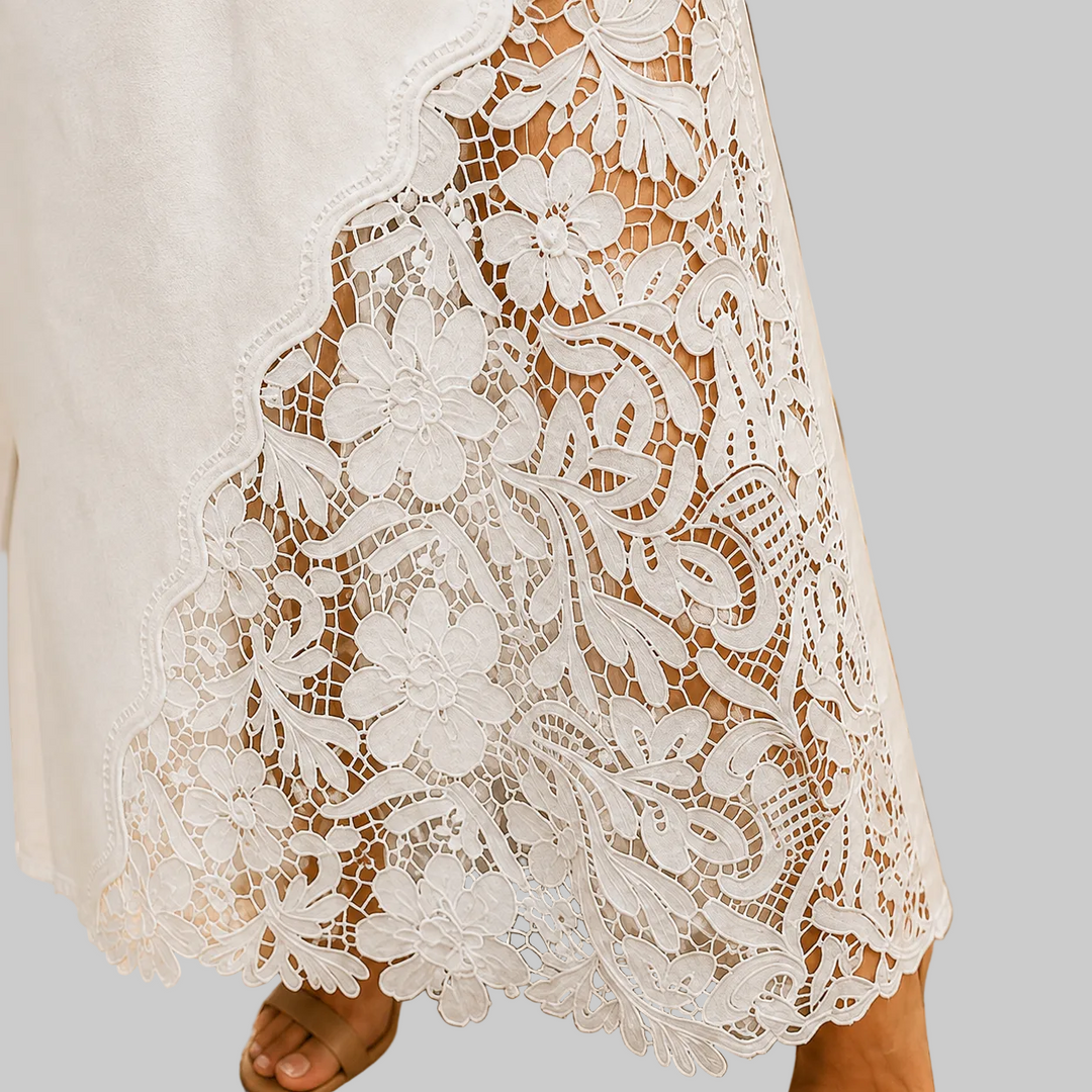 Women's High-Rise Denim Maxi Skirt with Floral Lace Panel