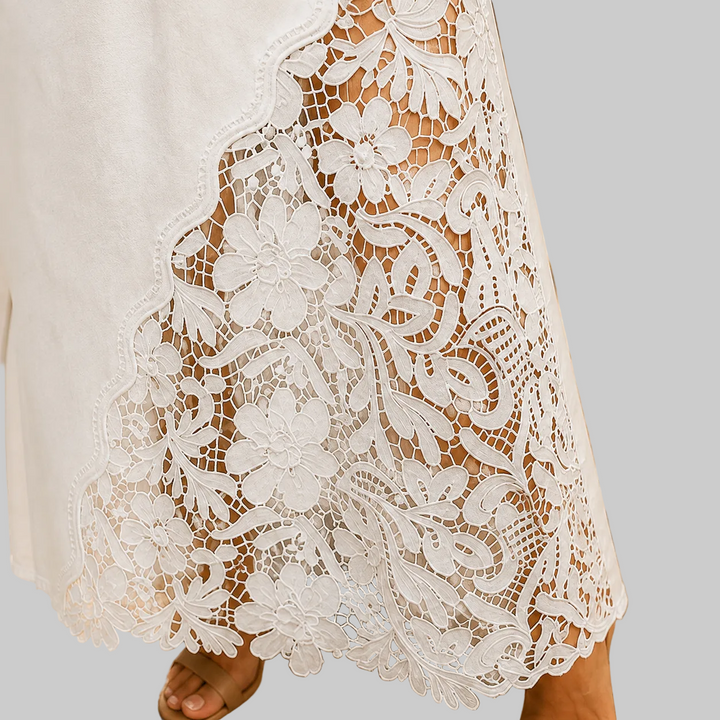 Women's High-Rise Denim Maxi Skirt with Floral Lace Panel