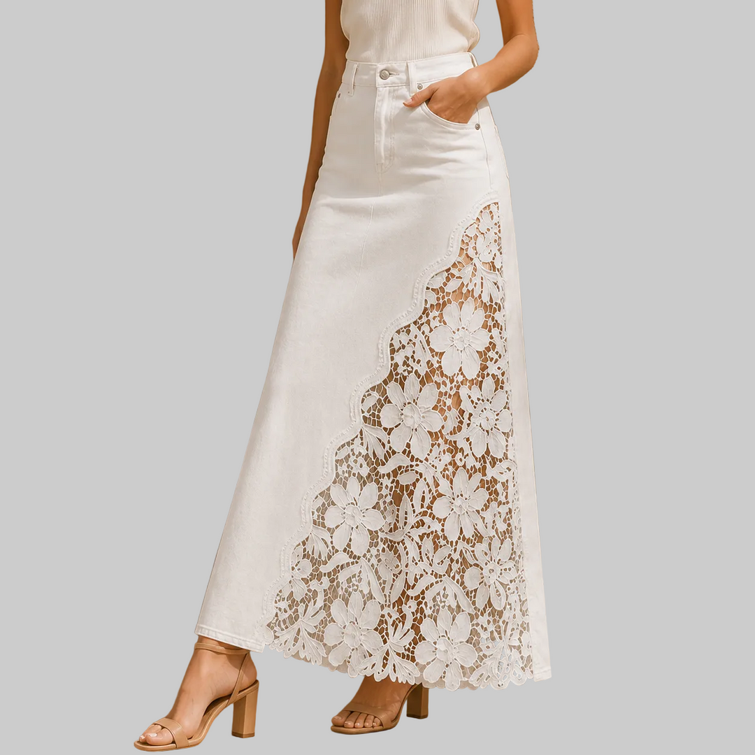 Women's High-Rise Denim Maxi Skirt with Floral Lace Panel