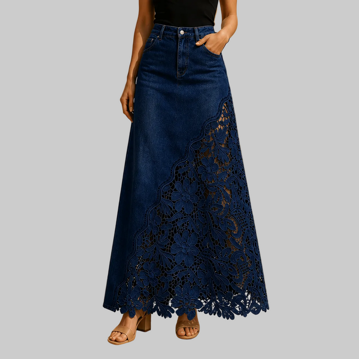 Women's High-Rise Denim Maxi Skirt with Floral Lace Panel