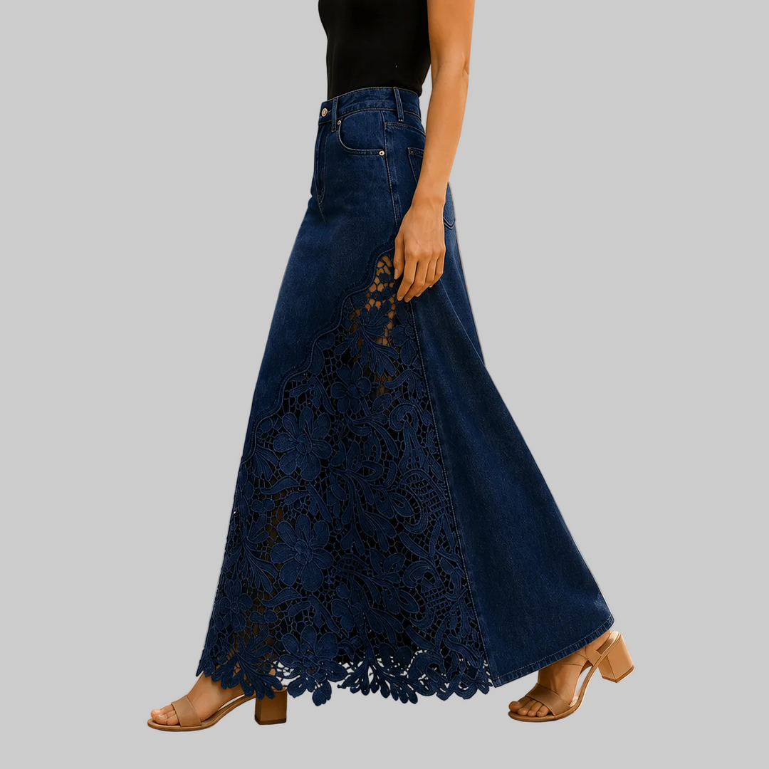 Women's High-Rise Denim Maxi Skirt with Floral Lace Panel