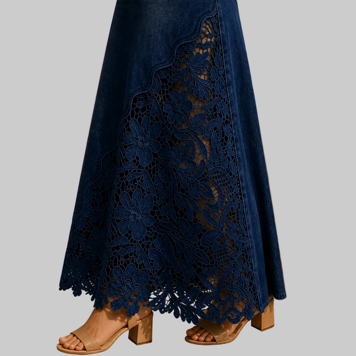 Women's High-Rise Denim Maxi Skirt with Floral Lace Panel