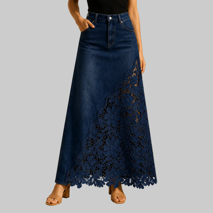 Women's High-Rise Denim Maxi Skirt with Floral Lace Panel