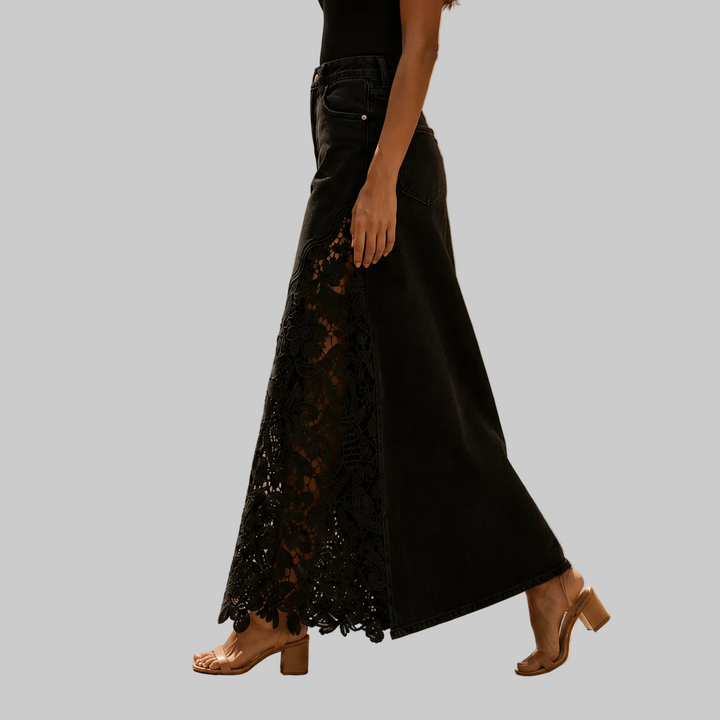 Women's High-Rise Denim Maxi Skirt with Floral Lace Panel
