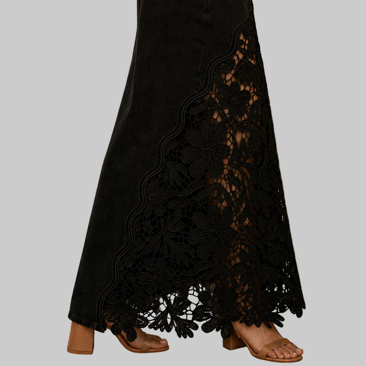 Women's High-Rise Denim Maxi Skirt with Floral Lace Panel