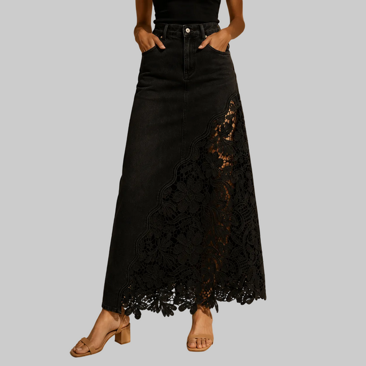 Women's High-Rise Denim Maxi Skirt with Floral Lace Panel