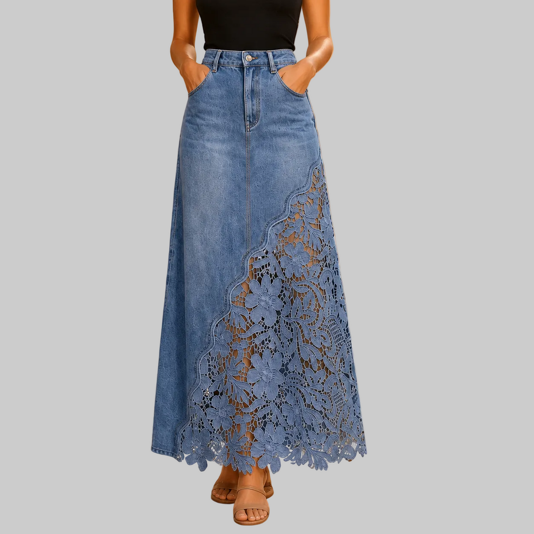 Women's High-Rise Denim Maxi Skirt with Floral Lace Panel