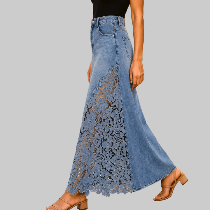 Women's High-Rise Denim Maxi Skirt with Floral Lace Panel