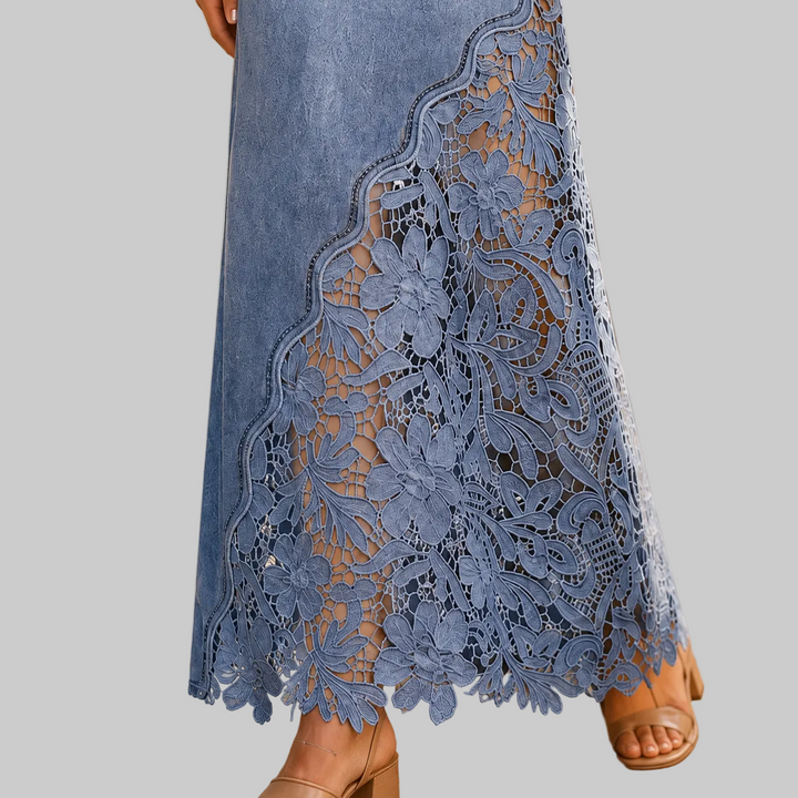 Women's High-Rise Denim Maxi Skirt with Floral Lace Panel