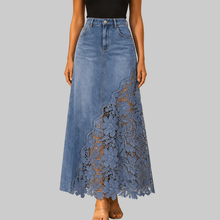 Women's High-Rise Denim Maxi Skirt with Floral Lace Panel