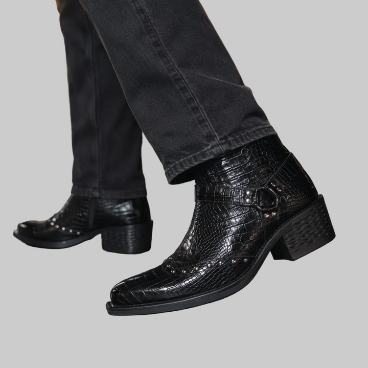 Men's Croc-Effect Buckle Ankle Boots with Block Heel