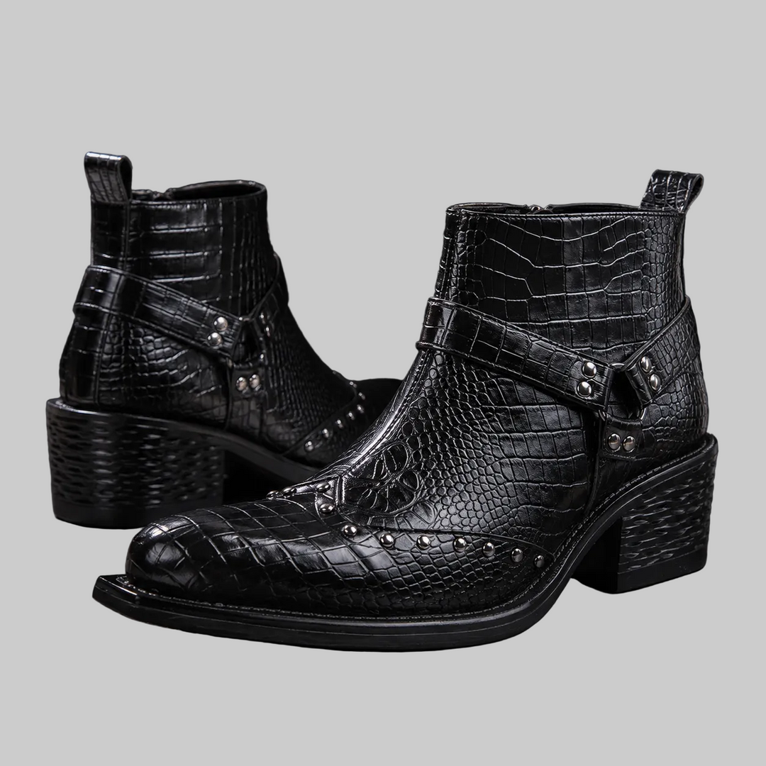 Men's Croc-Effect Buckle Ankle Boots with Block Heel