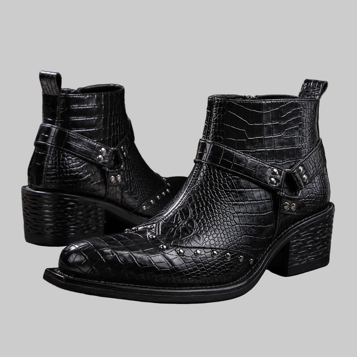 Men's Croc-Effect Buckle Ankle Boots with Block Heel