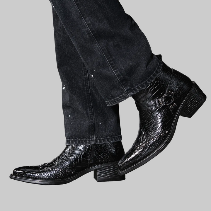 Men's Croc-Effect Buckle Ankle Boots with Block Heel