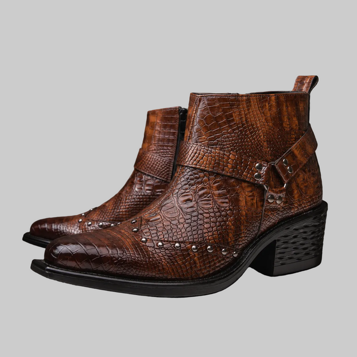 Men's Croc-Effect Buckle Ankle Boots with Block Heel