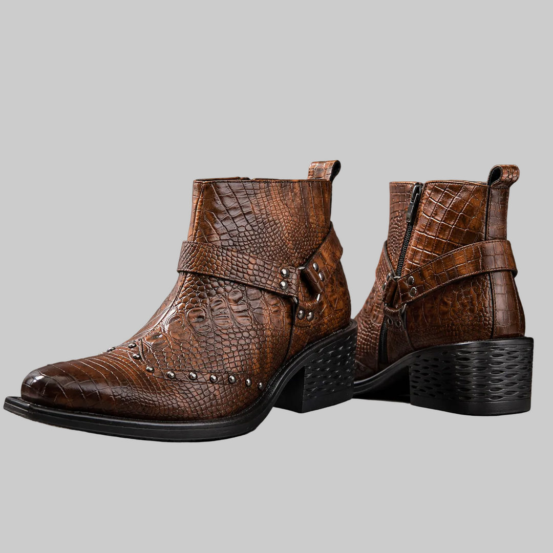 Men's Croc-Effect Buckle Ankle Boots with Block Heel