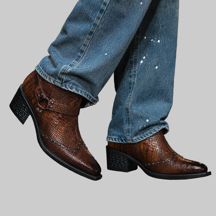 Men's Croc-Effect Buckle Ankle Boots with Block Heel