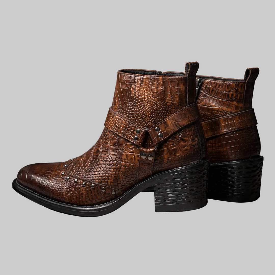 Men's Croc-Effect Buckle Ankle Boots with Block Heel
