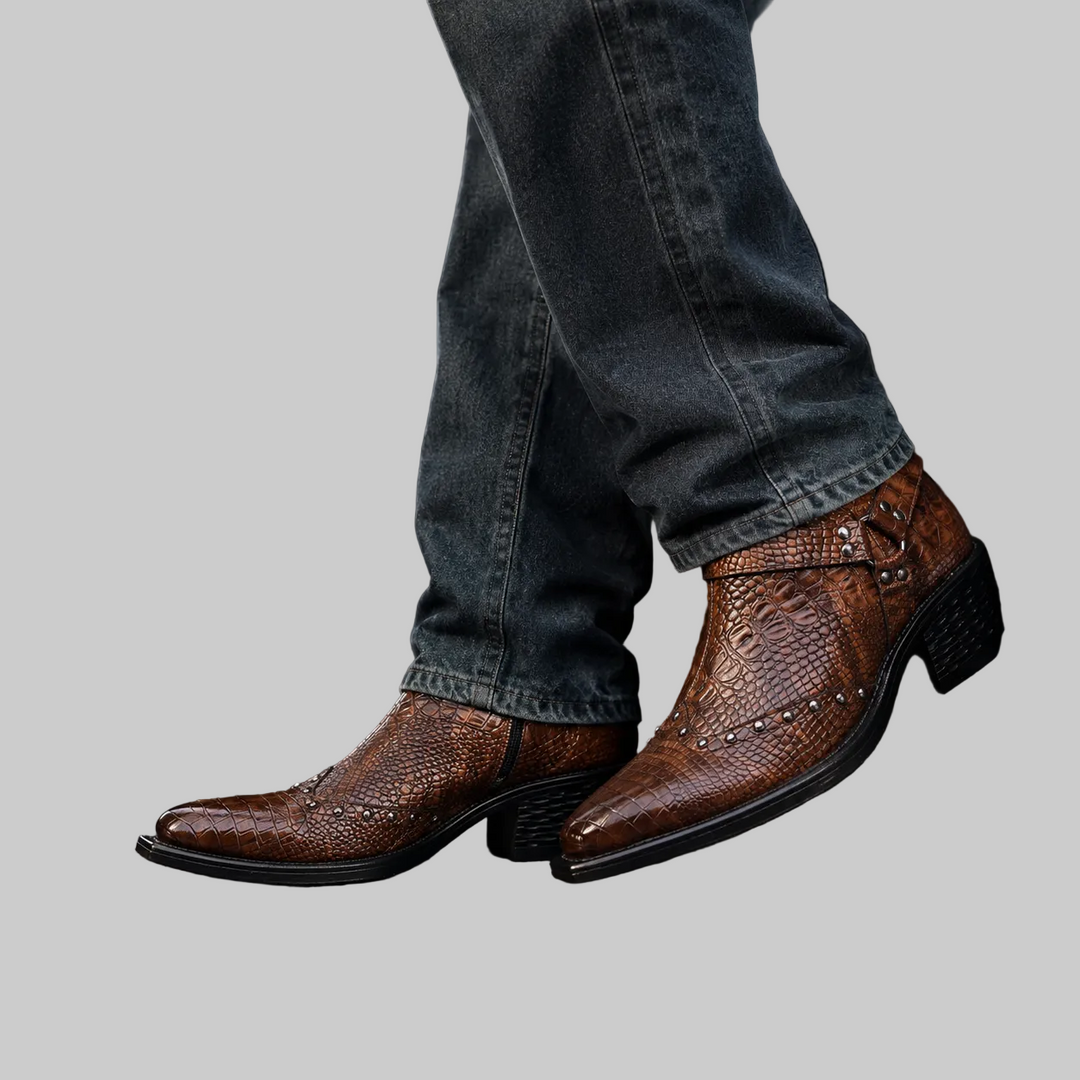 Men's Croc-Effect Buckle Ankle Boots with Block Heel