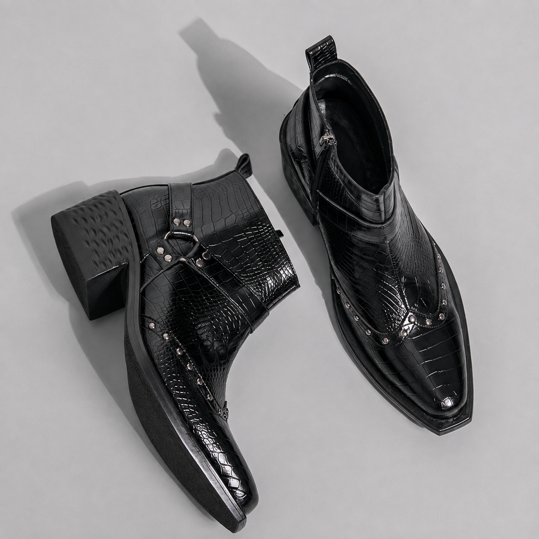 Men's Croc-Effect Buckle Ankle Boots with Block Heel