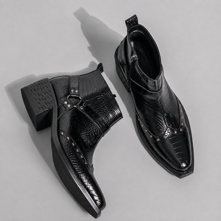 Men's Croc-Effect Buckle Ankle Boots with Block Heel