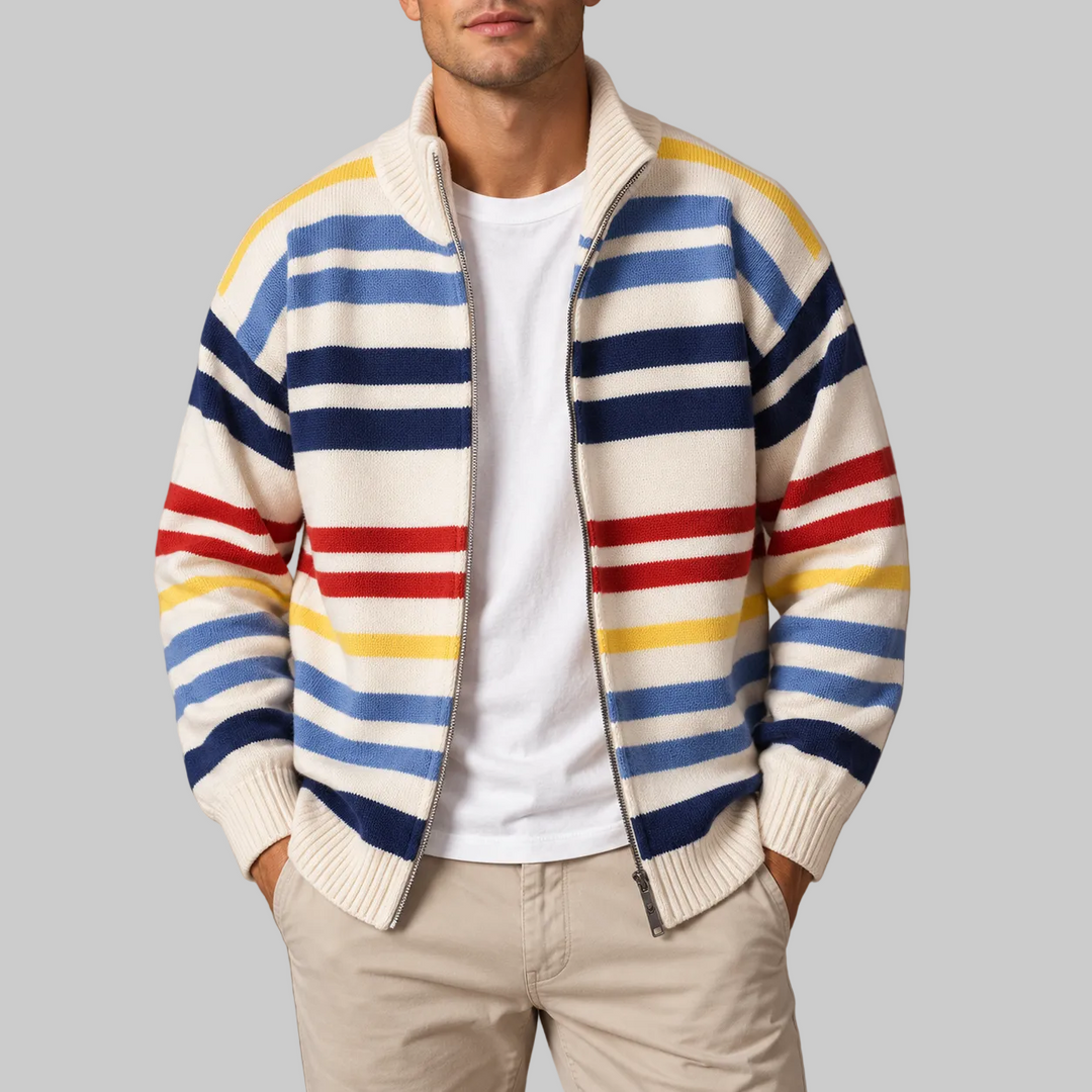 Men's Striped Wool Blend Zip-Up Cardigan with Stand Collar