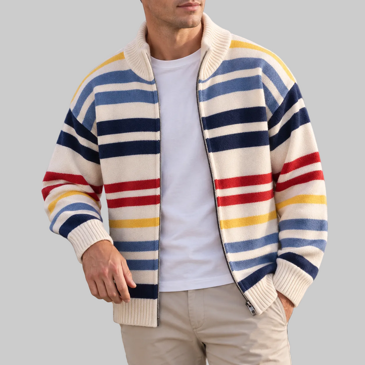 Men's Striped Wool Blend Zip-Up Cardigan with Stand Collar