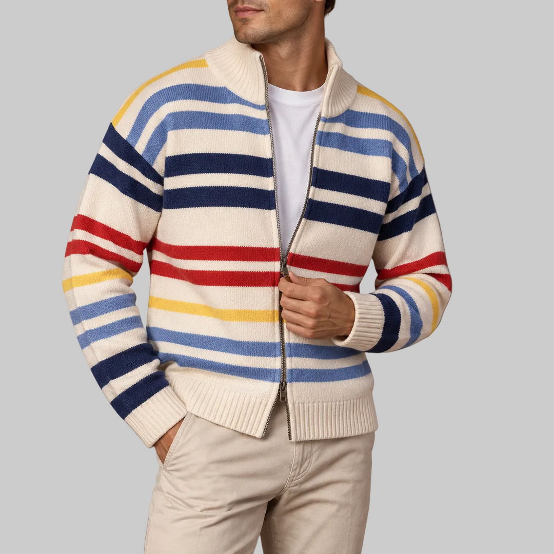 Men's Striped Wool Blend Zip-Up Cardigan with Stand Collar