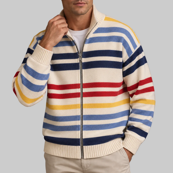 Men's Striped Wool Blend Zip-Up Cardigan with Stand Collar