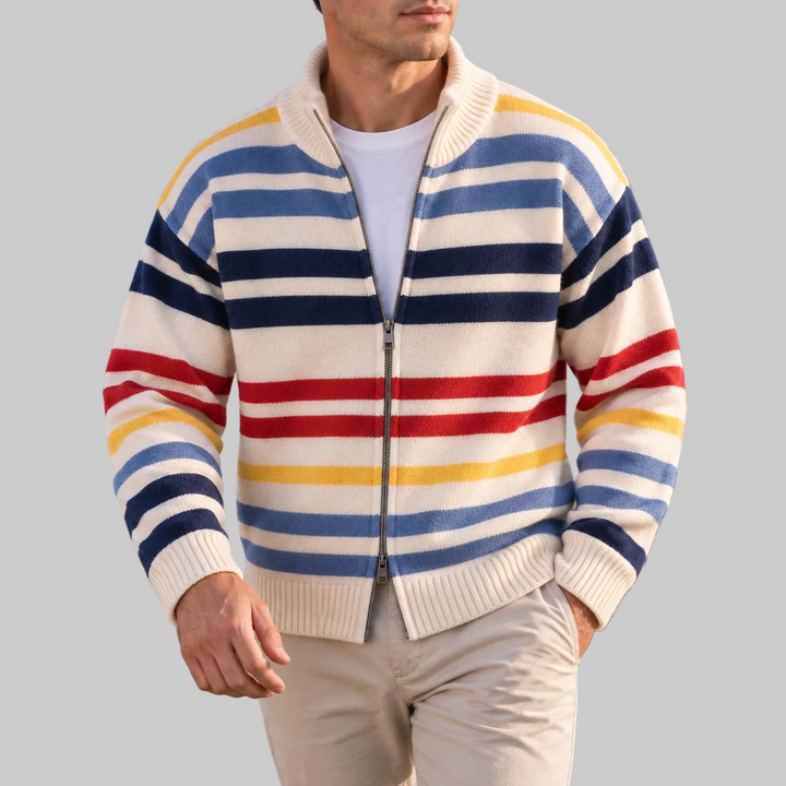 Men's Striped Wool Blend Zip-Up Cardigan with Stand Collar