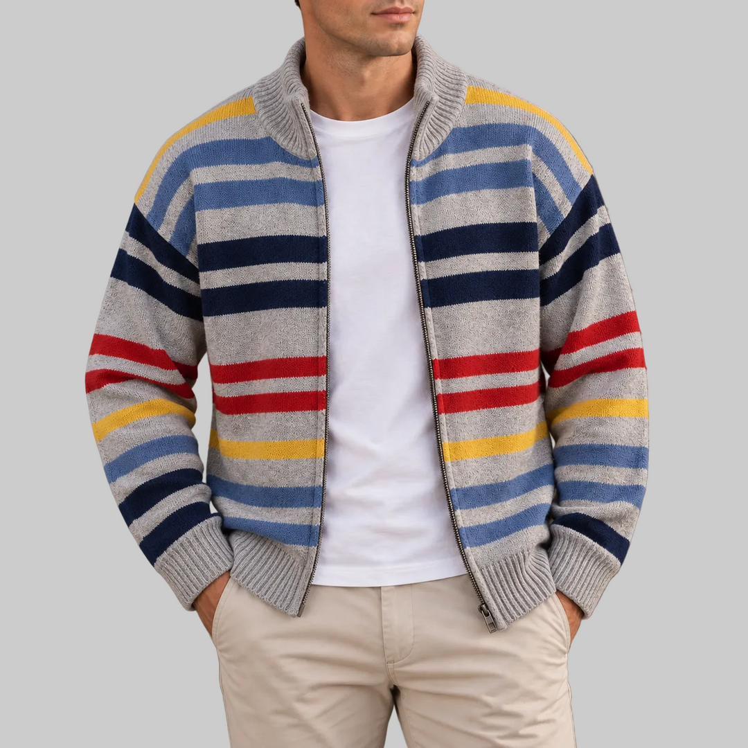 Men's Striped Wool Blend Zip-Up Cardigan with Stand Collar