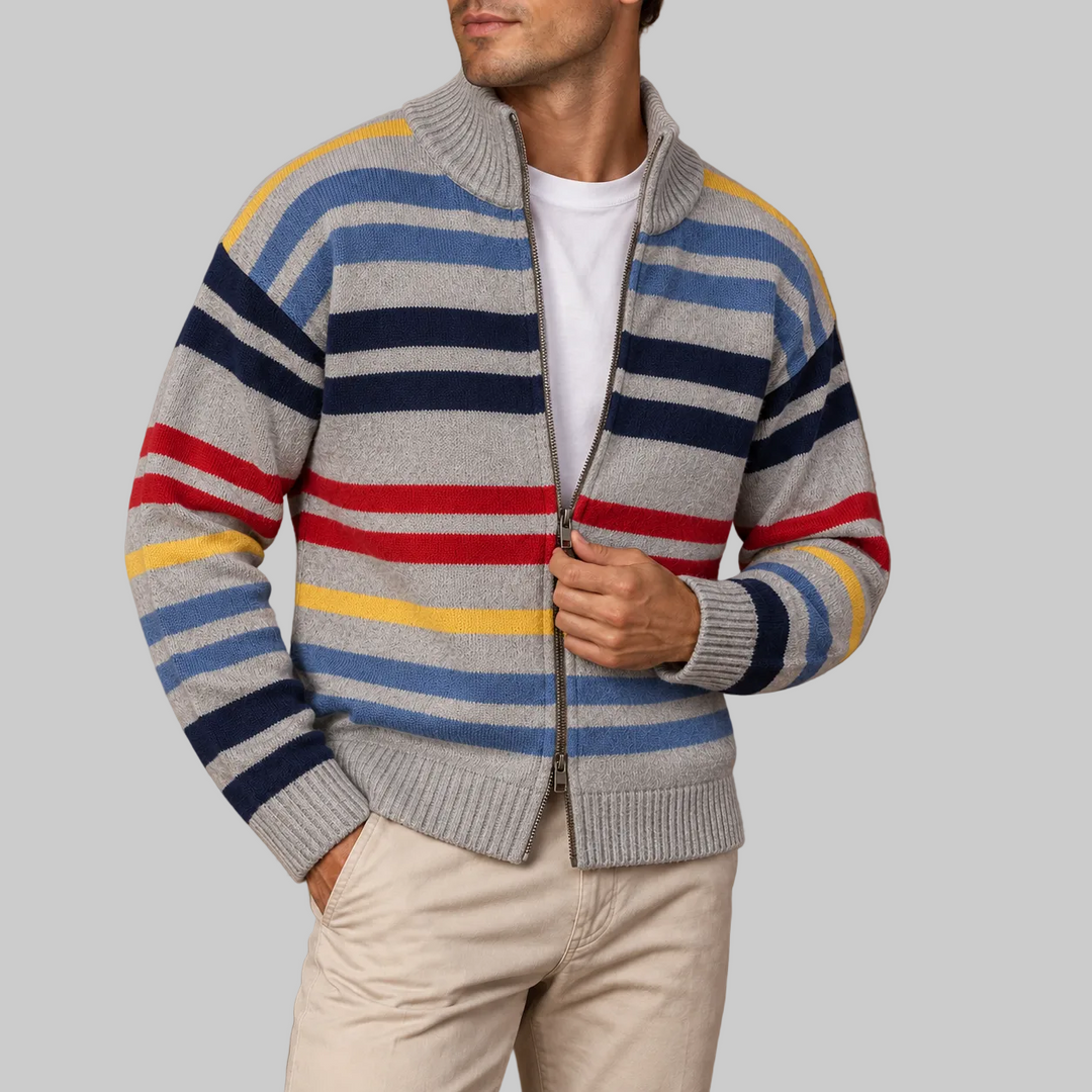 Men's Striped Wool Blend Zip-Up Cardigan with Stand Collar