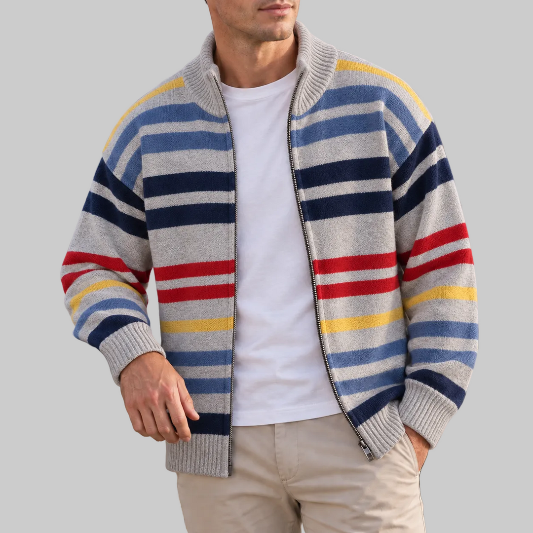 Men's Striped Wool Blend Zip-Up Cardigan with Stand Collar