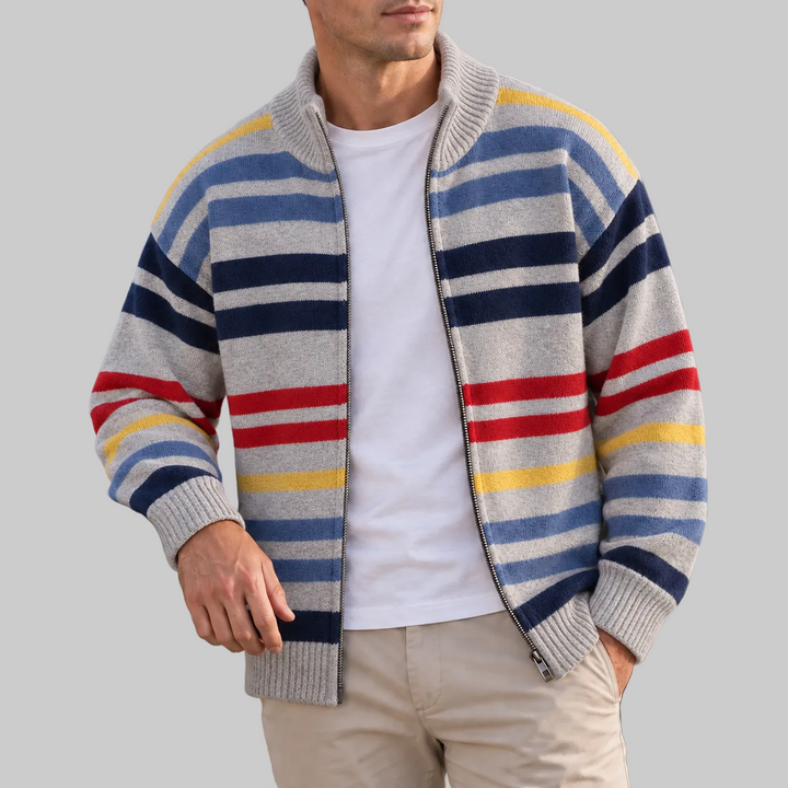 Men's Striped Wool Blend Zip-Up Cardigan with Stand Collar