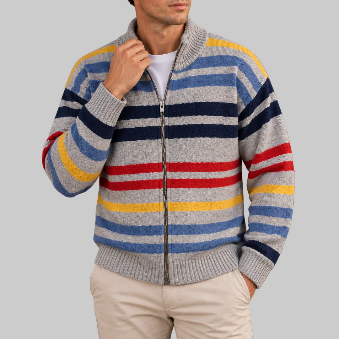 Men's Striped Wool Blend Zip-Up Cardigan with Stand Collar