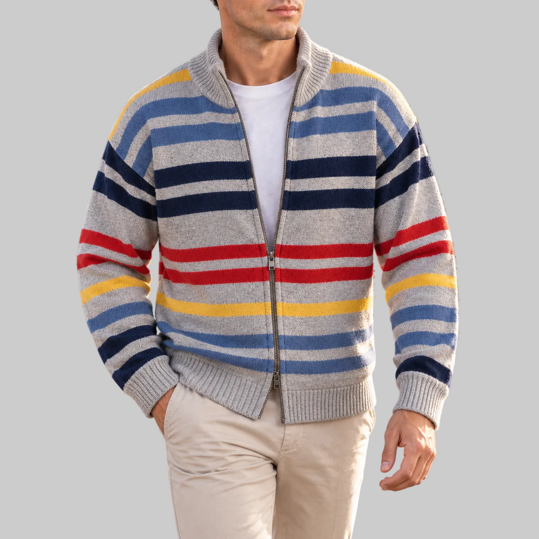 Men's Striped Wool Blend Zip-Up Cardigan with Stand Collar
