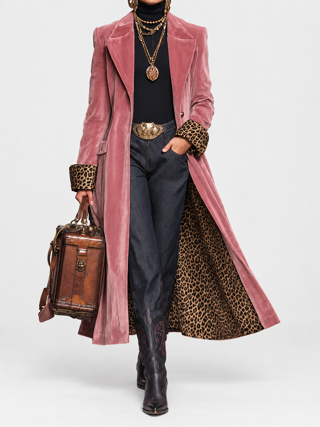 Women’s Long Tailored Coat with Leopard Print Lining