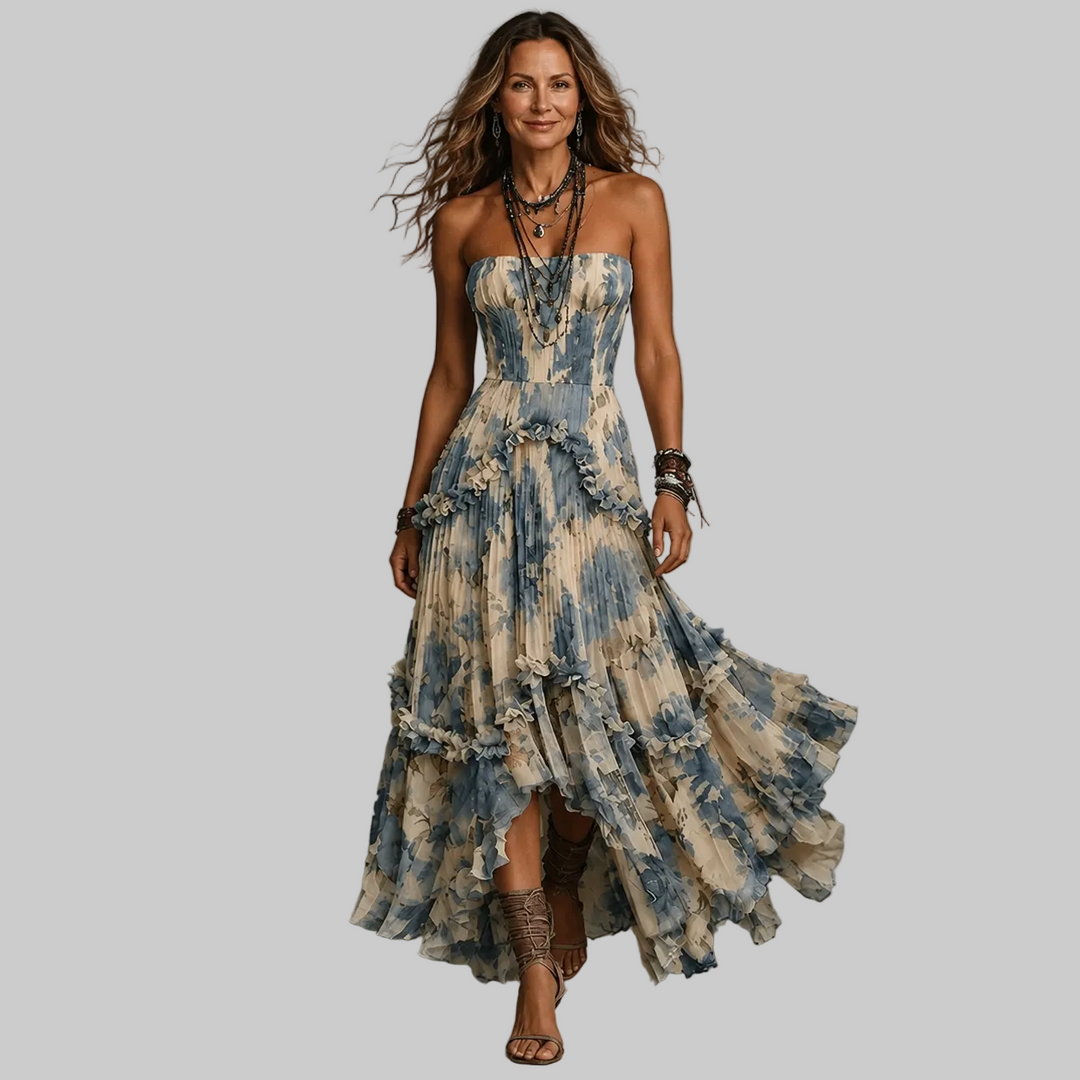 Strapless Floral Ruffle Maxi Dress