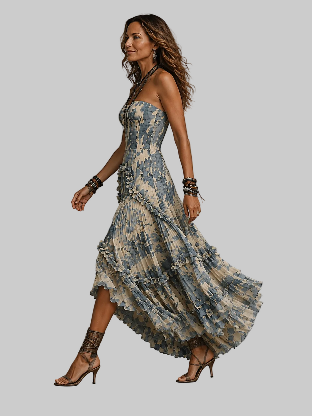 Strapless Floral Ruffle Maxi Dress