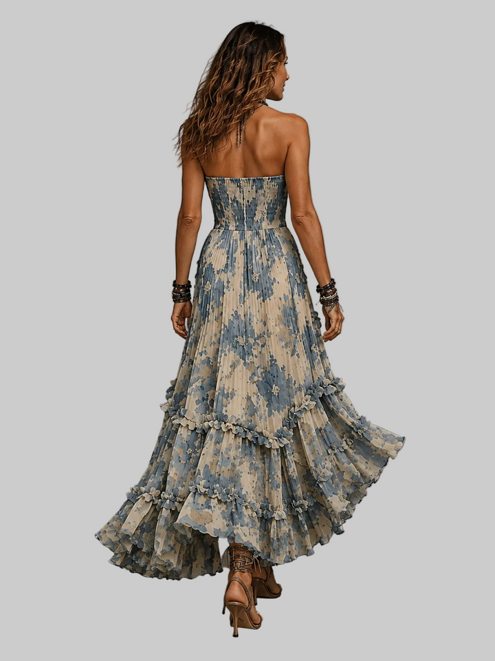 Strapless Floral Ruffle Maxi Dress