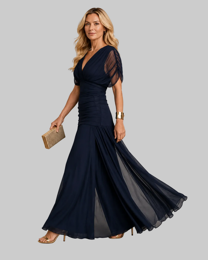 Women's Navy Ruched Maxi Dress with Deep V Neck and Sheer Sleeves