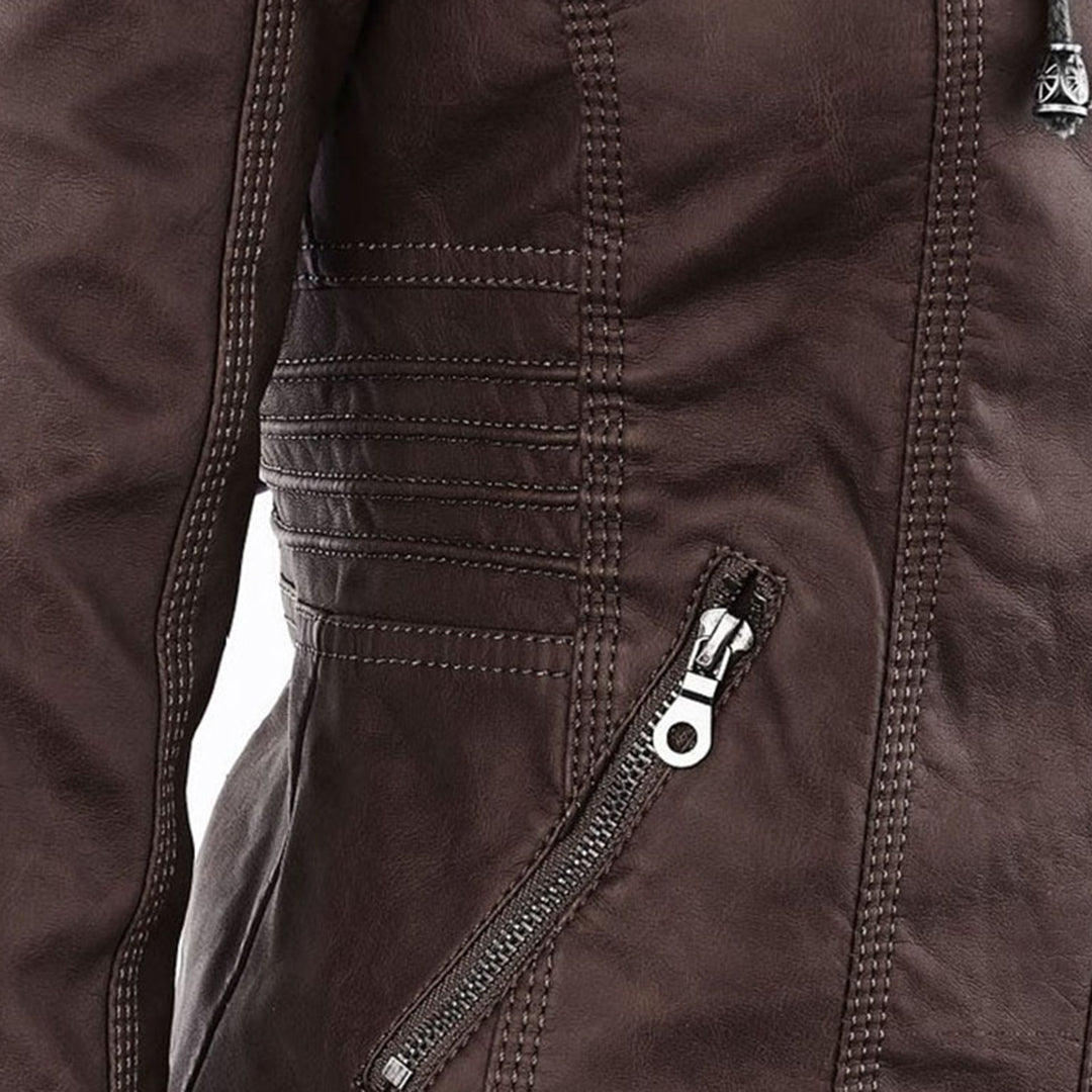 Women's Fitted Leather-Look Jacket with Front Zip and Zipped Pockets