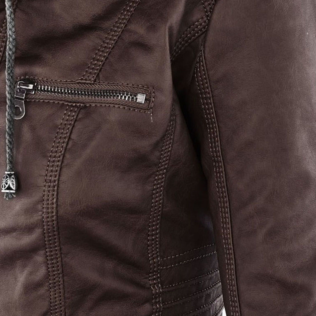 Women's Fitted Leather-Look Jacket with Front Zip and Zipped Pockets