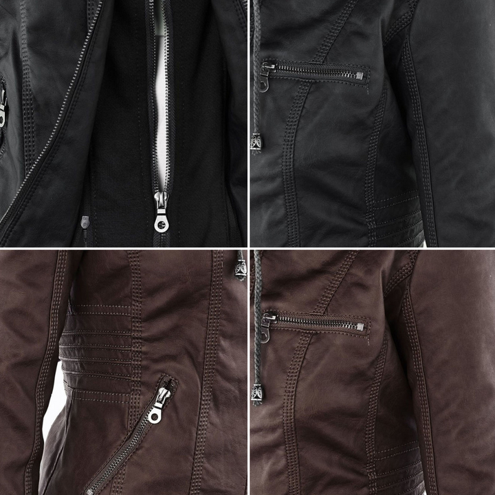 Hooded Biker Jacket with Zipped Pockets and Shaped Waist