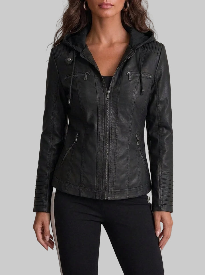 Women's Fitted Leather-Look Jacket with Hood and Zipped Pockets