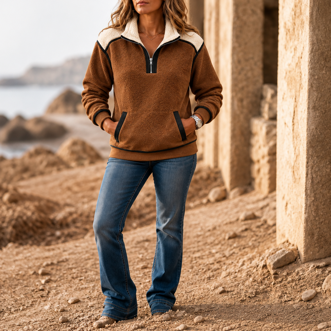 Women's Sherpa Collar Colour-Block Half-Zip Pullover - Brown